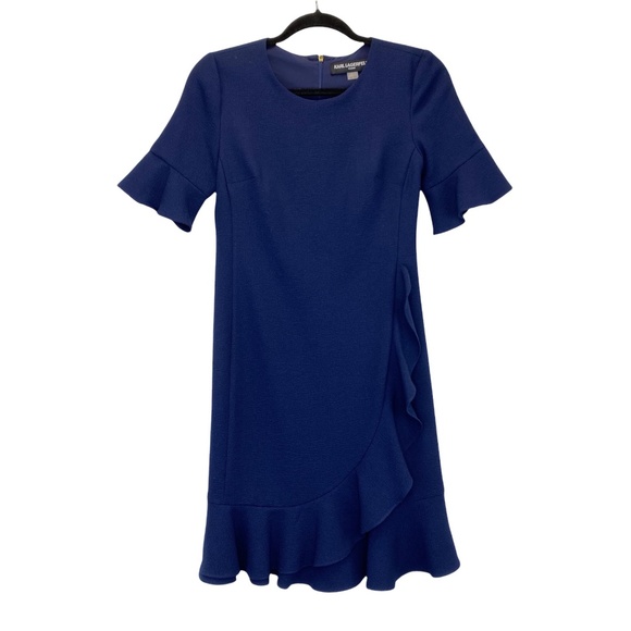Karl Lagerfeld Blue Sheath Dress Ruffle Flounce Hem Paris Career Crepe Cocktail - Picture 1 of 8